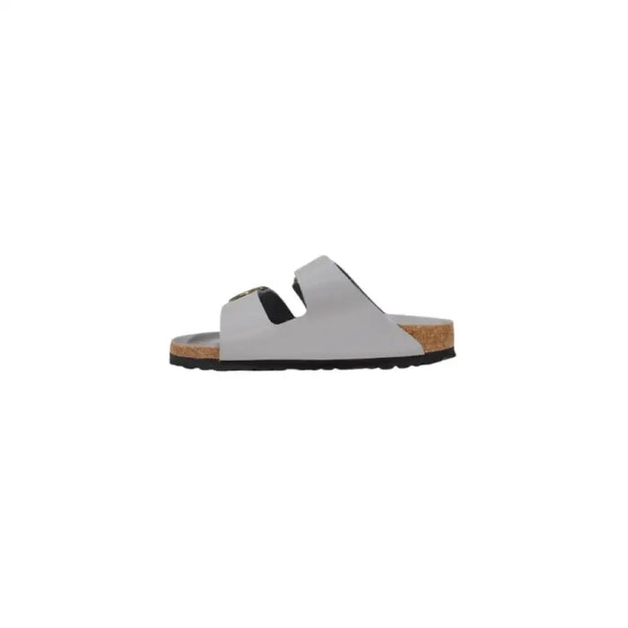 Gray double strap sandal with gold buckles and two straps for a stylish look