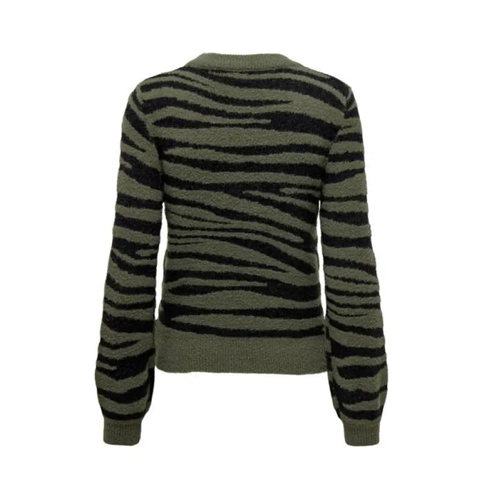 Green and black zebra-striped sweater displayed in the product listing