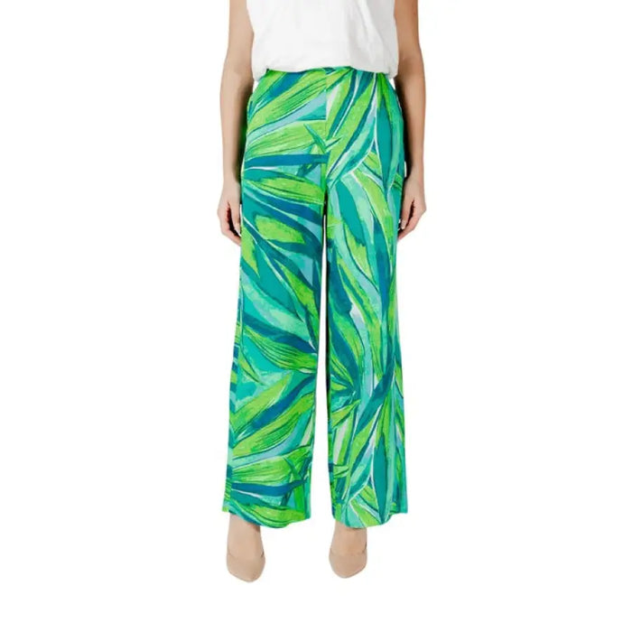 Floral Print Wide Leg Pants featuring a green and blue leaf pattern design