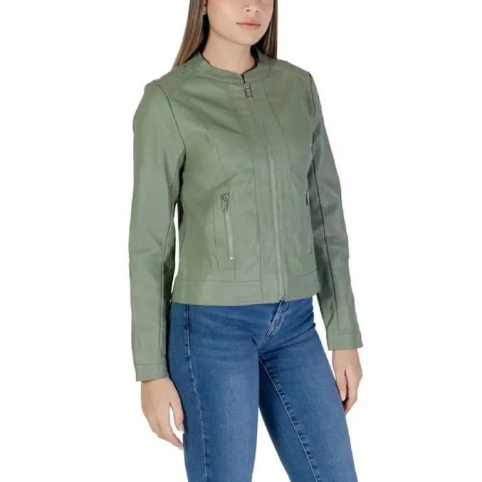 Green faux leather jacket styled as BYoung Women’s Long Jacket with Zip