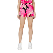 Short taille haute en viscose verte à fleurs avec poches, dos rose vif