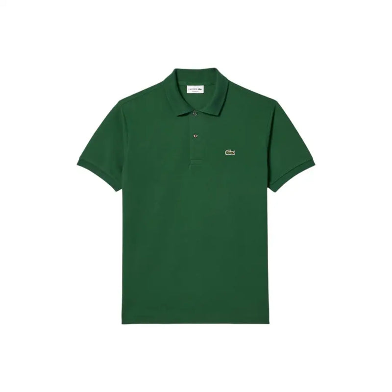 Deep green Lacoste polo shirt with classic collar and iconic embroidered crocodile logo on left chest