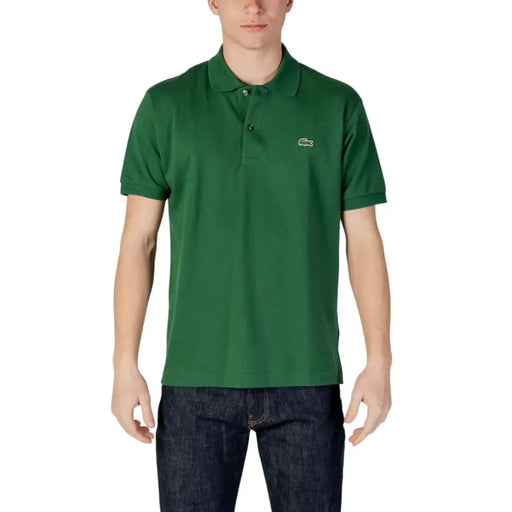 Green lacoste polo shirt with a classic collar button placket and embroidered crocodile logo on the left chest