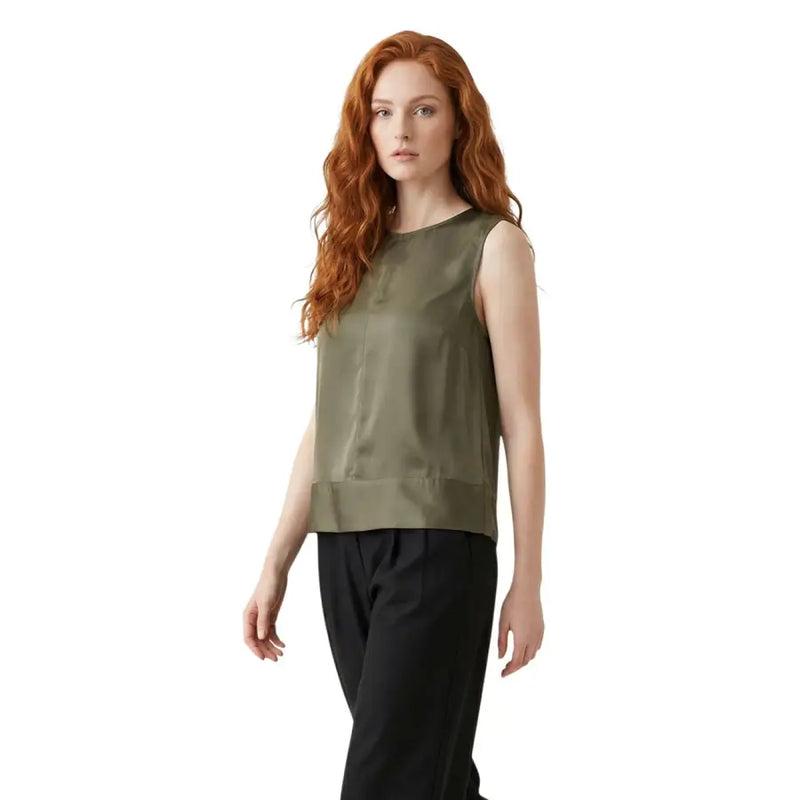 Olive green sleeveless button front viscose blouse for women with subtle sheen and minimalist design