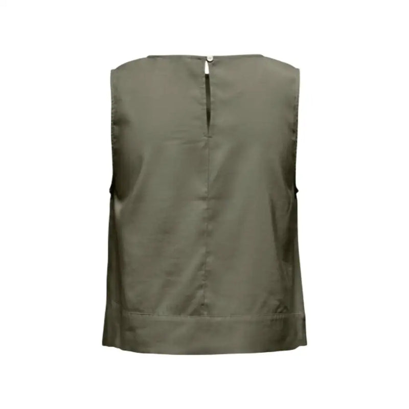 Green sleeveless viscose blouse for women featuring a central zipper closure and subtle seam detailing in olive green