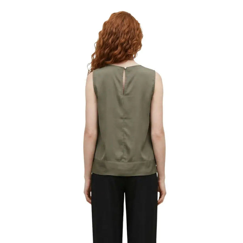 Olive green sleeveless viscose blouse for women with subtle back zipper and soft flowing fabric shown from the back