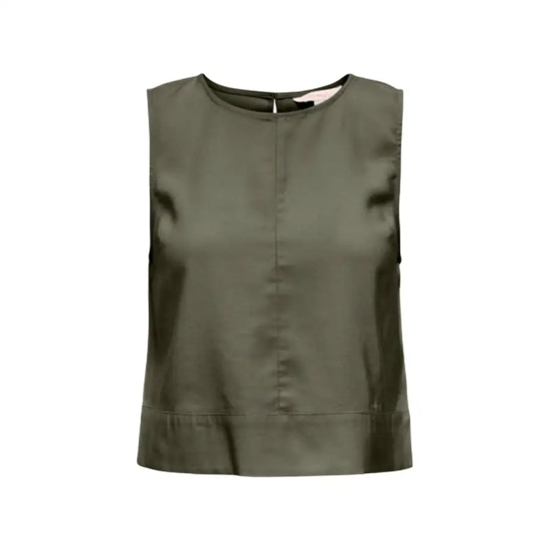 Green sleeveless viscose blouse for women with olive green color, subtle sheen, button front, and straight hemline
