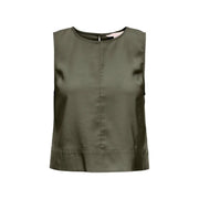 Green sleeveless viscose blouse for women with olive green color, subtle sheen, button front, and straight hemline