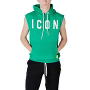 Green sleeveless hoodie with white drawstrings and icon lettering across the chest in soft fabric for casual wear