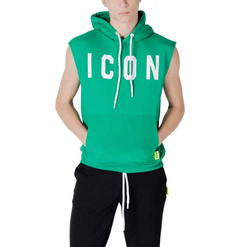 Green sleeveless hoodie with white drawstrings and icon lettering across the chest in soft fabric for casual wear