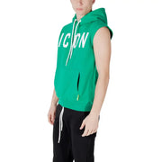 Green sleeveless hoodie with white drawstrings and bold icon lettering on chest in vibrant green fabric