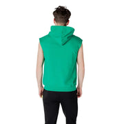 A vibrant green sleeveless hoodie with white drawstrings hood and ribbed cuffs made from soft fabric