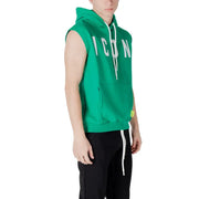 Green sleeveless hoodie with white icon lettering across the chest and matching white drawstrings for casual wear