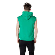 A vibrant green sleeveless hoodie with white drawstrings hood and ribbed cuffs made from soft fabric