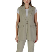 Beige sleeveless blazer with single button closure and flap pockets featured alongside green sleeveless v-neck gilet by B.young