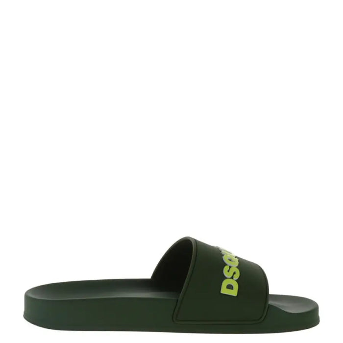 Green slide sandal displayed with Navy Blue Slides with Orange Lettering product imagery