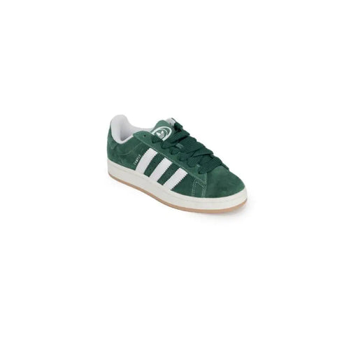 Green suede Adidas Campus sneaker with white stripes displayed in the product image