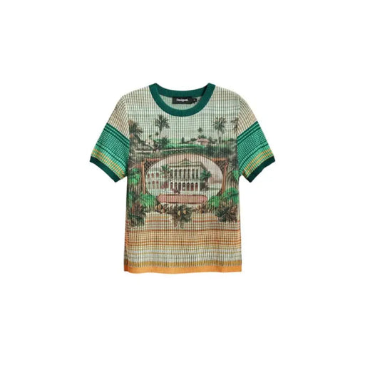 Green and tan patterned knit top for women with tropical building graphic display