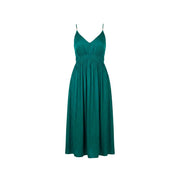 A flowing emerald green polyester spaghetti strap maxi dress with v-neckline and gathered waist