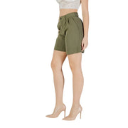 Olive green high-waisted viscose blend shorts for women with button closure and pleated front design