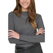 A grey long sleeve round neck cotton blend knit sweater with ribbed texture and ruffled cuffs