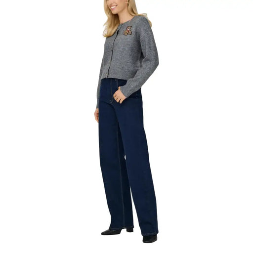 Women’s dark blue high-waist wide-leg jeans paired with Grey Printed Long Button Front Round Neck Women Cardigan