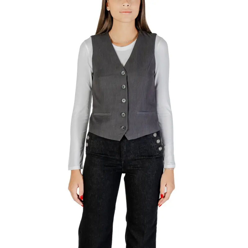 Gilet sans manches élégant gris foncé pour femme, col en V, à boutons et texture subtile