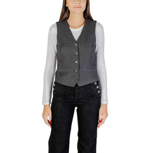 Gilet sans manches élégant gris foncé pour femme, col en V, à boutons et texture subtile