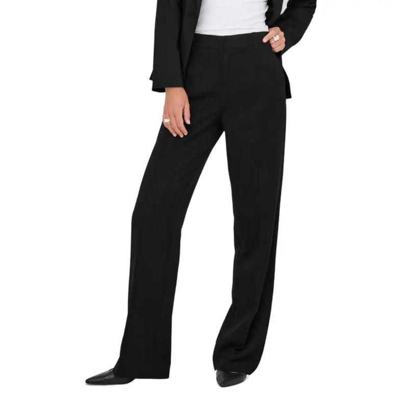 Black tailored straight-leg trousers with subtle creasing for women