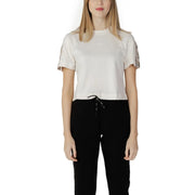 Guess Active Women beige cotton round neck t-shirt with white cropped short sleeves and subtle patterned shoulders and cuffs