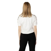 Guess active women beige cotton round neck t-shirt with white short sleeves and black embroidered shoulder detailing