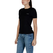 Black guess active women cotton round neck short t shirt with subtle white logo embroidered on left chest