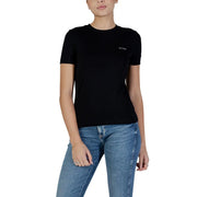 Black Guess active women cotton round neck short t shirt with subtle embroidered logo on the left chest