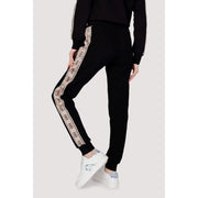 Guess active Pantalon de jogging en coton noir pour femme, à rayures beiges à motifs géométriques et poignets côtelés assortis, automne-hiver