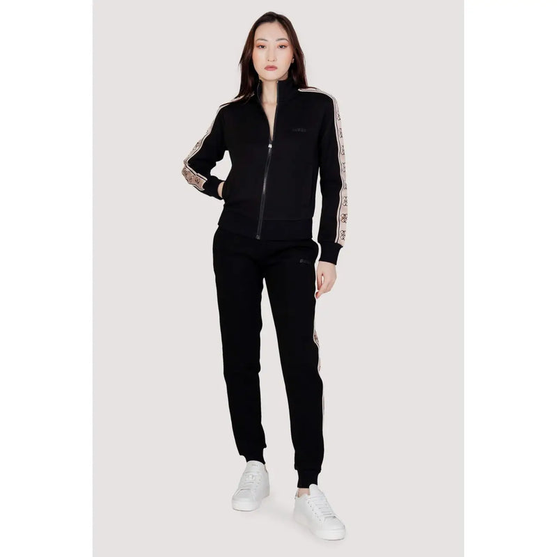 Guess Active Pantalon en coton noir pour femme, à rayures blanches et beiges, idéal pour l'automne et l'hiver.