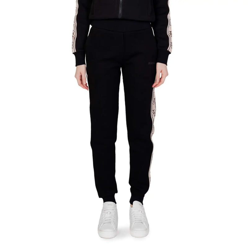 Guess Active Pantalon de jogging noir en coton pour femme, orné de rayures latérales à motifs rose clair et blanc, idéal pour l'automne et l'hiver.