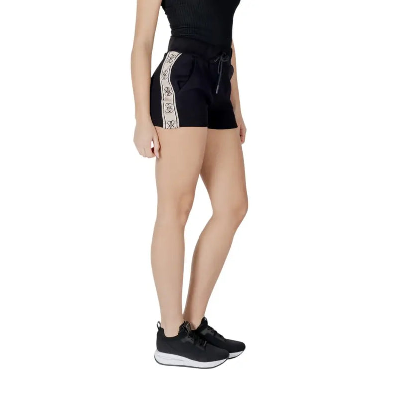 Guess active women black shorts with white patterned side stripe and drawstring waistband in cotton polyester blend
