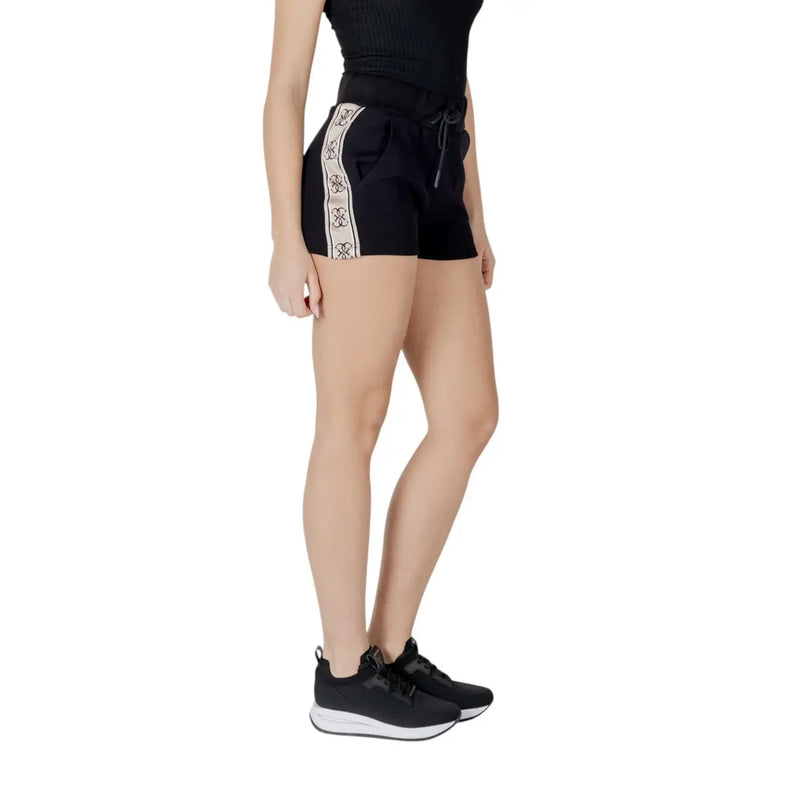 Guess active women black shorts with white patterned side stripe and drawstring waistband in cotton polyester blend