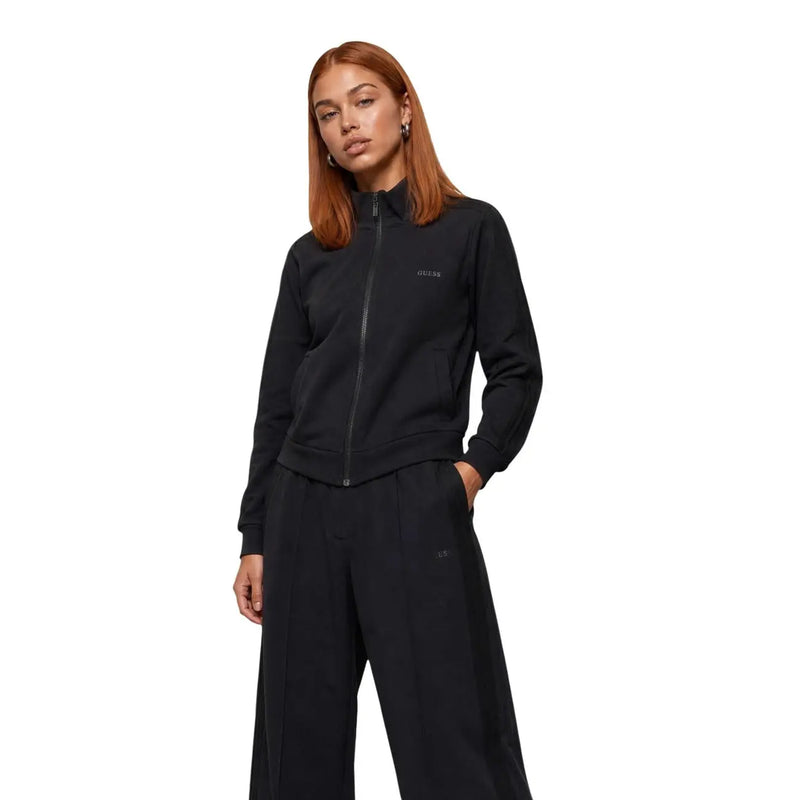 Black guess active women zip-up sweatshirt modal blend with subtle chest logo and ribbed cuffs for athletic wear
