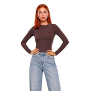 A sleek ribbed brown long-sleeve Guess Active women viscose t shirt with a subtle logo on the chest