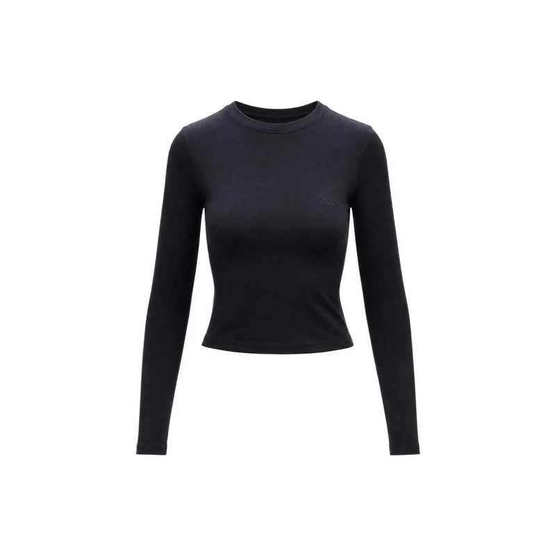 Guess active women black viscose long sleeve crop top with subtle embroidered logo on the chest