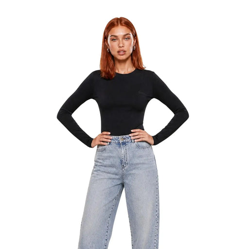 Guess Active women black viscose chara long sleeve t shirt with fitted design and subtle embroidered logo on chest