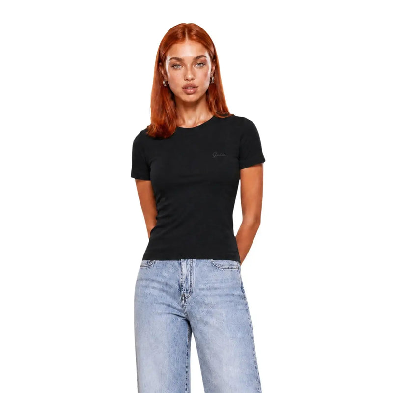 Black Guess active women short sleeve viscose t shirt with subtle embroidered logo on left chest for casual wear