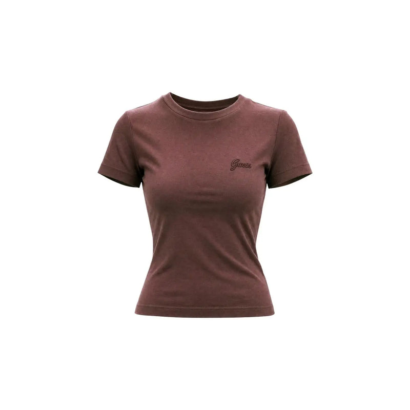 A brown Guess Active Women viscose short classic t shirt with short sleeves and subtle embroidered logo on the chest