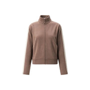 Guess Active Sweat-shirt zippé marron pour femme, veste de survêtement zippée taupe en polyester mélangé avec bandes latérales blanches et col montant