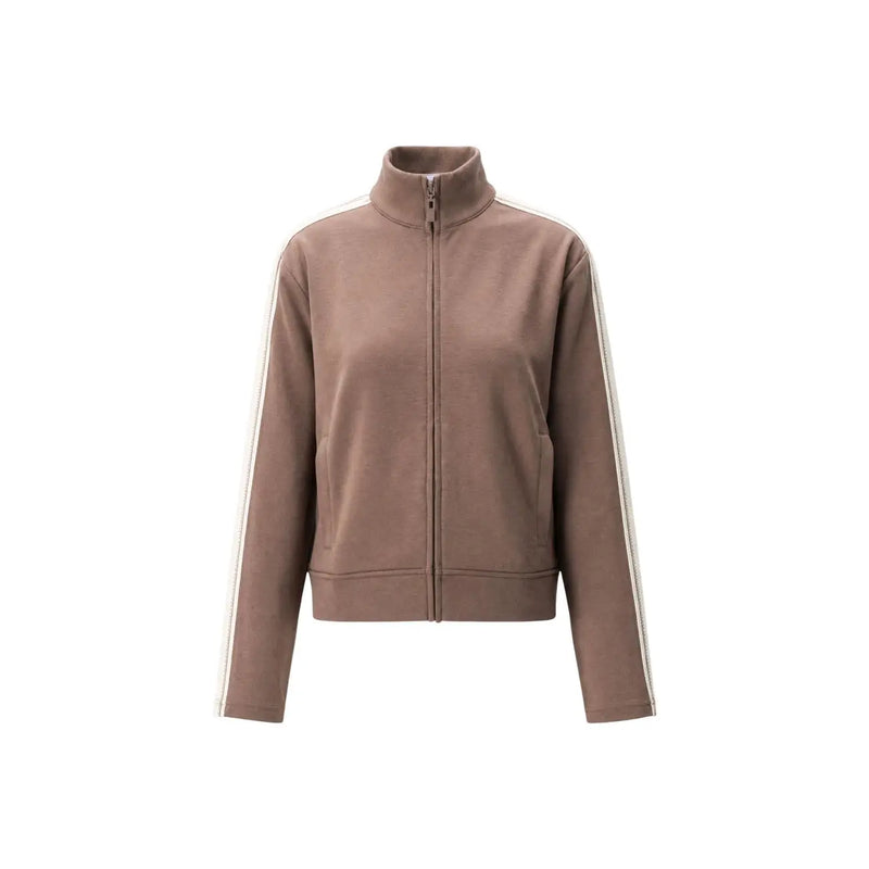 Guess Active Sweat-shirt zippé marron pour femme, veste de survêtement zippée taupe en polyester mélangé avec bandes latérales blanches et col montant
