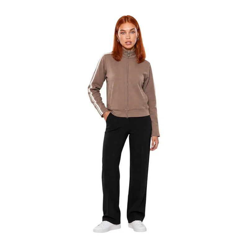 Taupe Guess active Sweat-shirt zippé marron pour femme, mélange de polyester avec rayures blanches sur les manches et fermeture éclair sur le devant