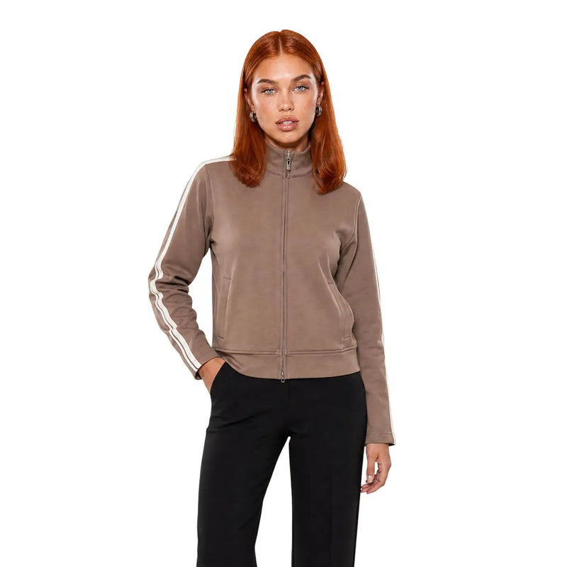 Guess active Sweat-shirt zippé marron pour femme, veste de survêtement zippée taupe en mélange de polyester avec rayures blanches sur les manches