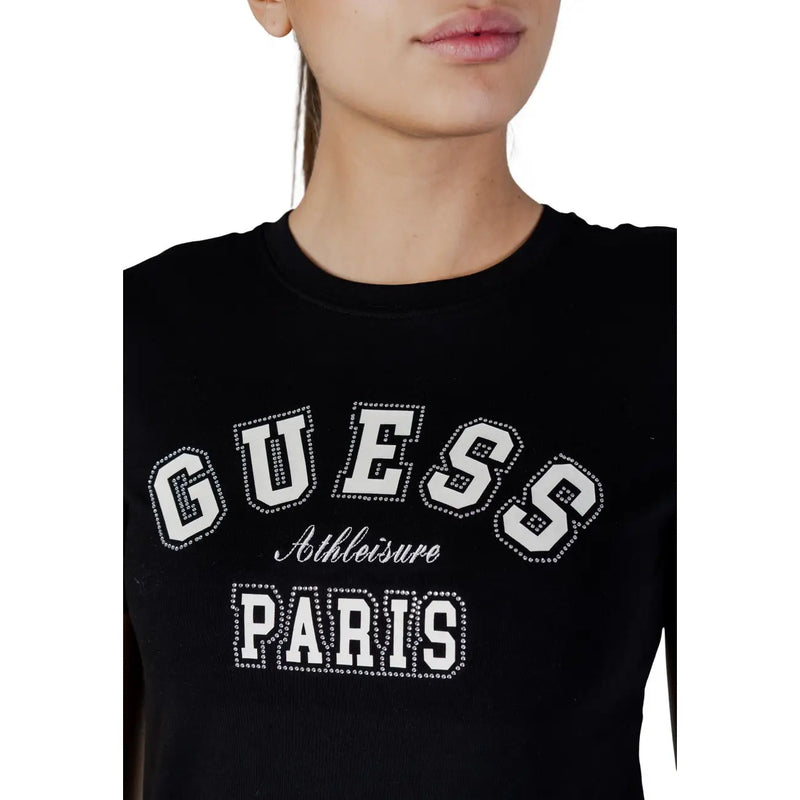 Black Guess Active women cotton round neck t-shirt with rhinestone Guess and Paris logo and athleisure detailing