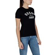 Black guess active women cotton round neck t shirt with white guess and paris lettering across the chest